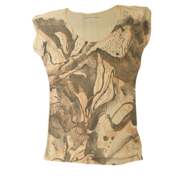 Calvin Klein Jeans Abstract Print Cream Brown Cap Sleeve Tee Size L - Picture 1 of 12